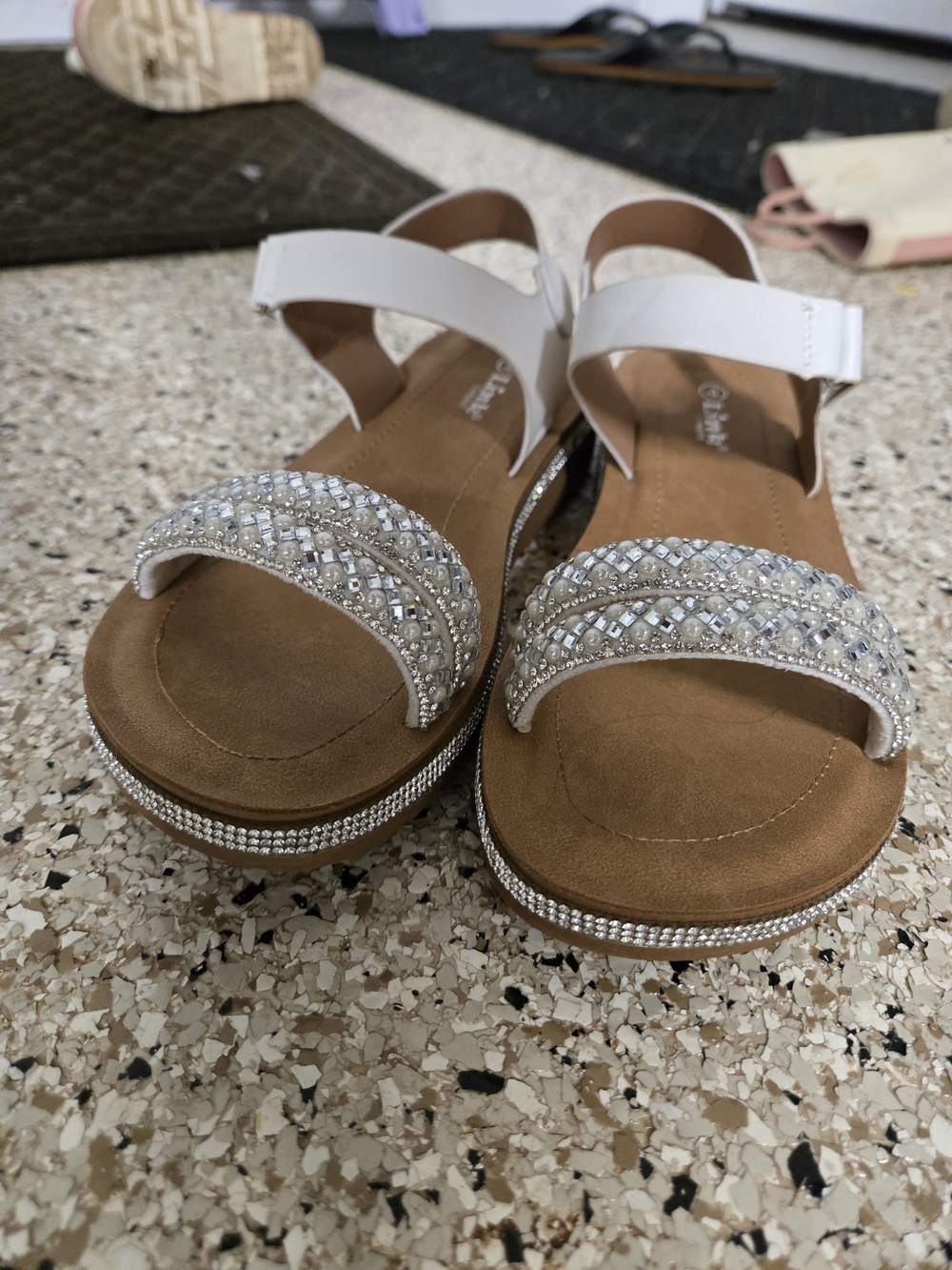 Beaded White Girls Sandals with Rhinestone Trim